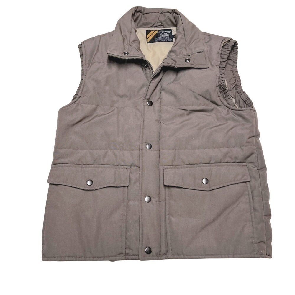 Vintage Sears Puffer Vest Womens Medium Taupe Brown Quilted Zip Snap Utility 70s